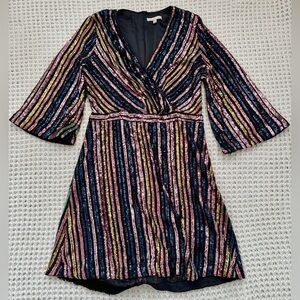 Sequin Striped Bell Sleeve Rainbow Wrap Dress, 70s Disco Party Festival B4